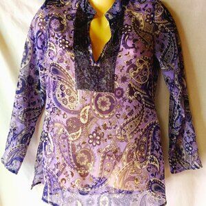 Women's Purple Paisley Sequined Blouse Shirt Size 2P